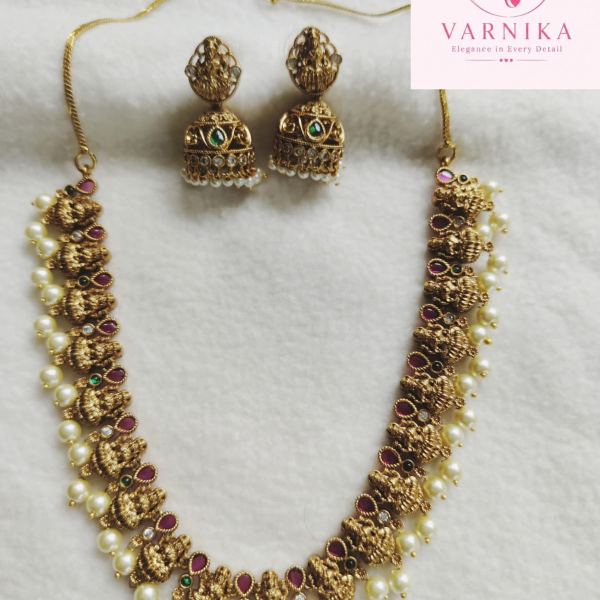 Temple Lakshmi Pearl Necklace Set : Add a touch of divine elegance to your traditional look with the Temple Lakshmi Pearl Necklace Set ✨
